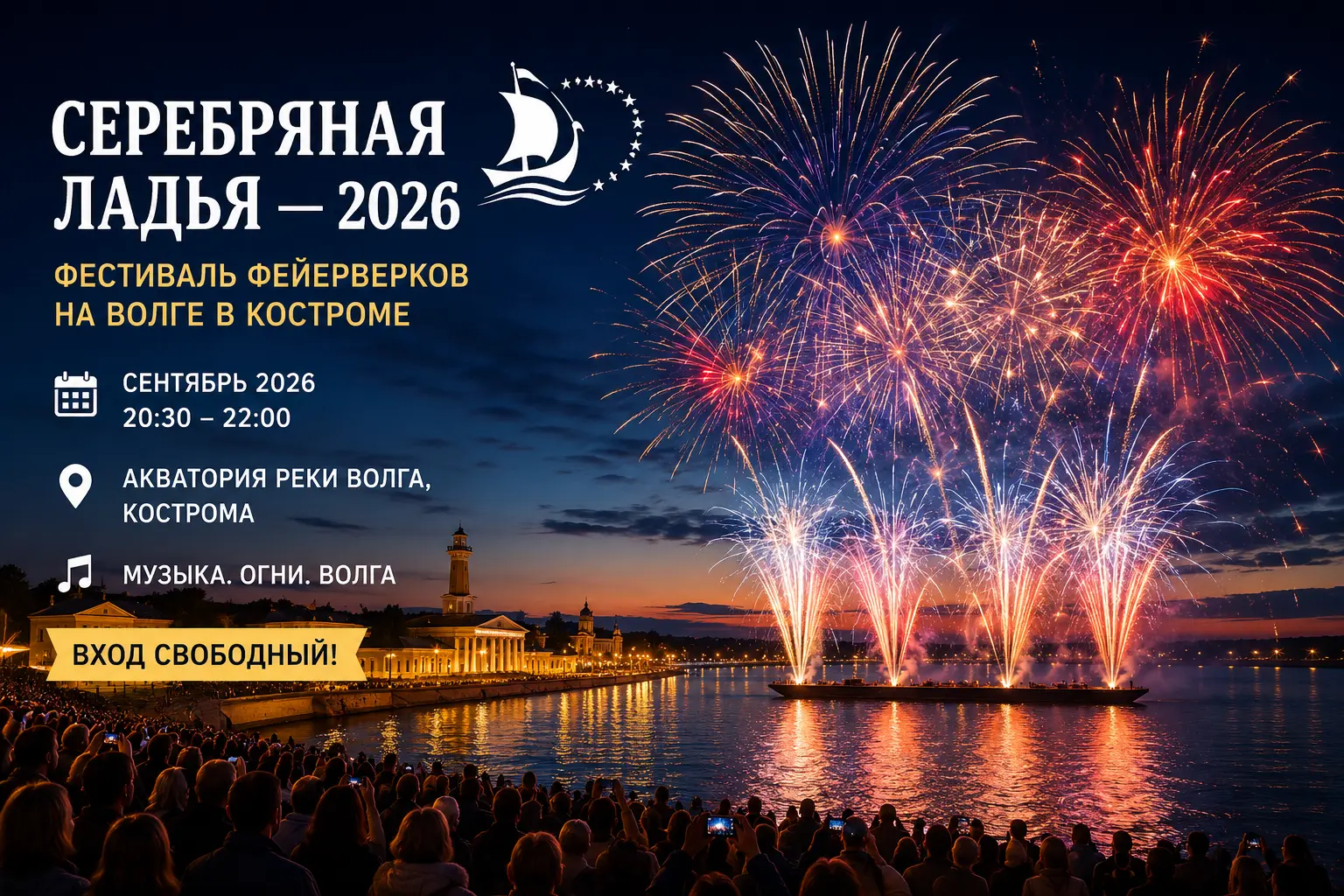Серебряная ладья — 2026: фестиваль фейерверков на Волге в Костроме